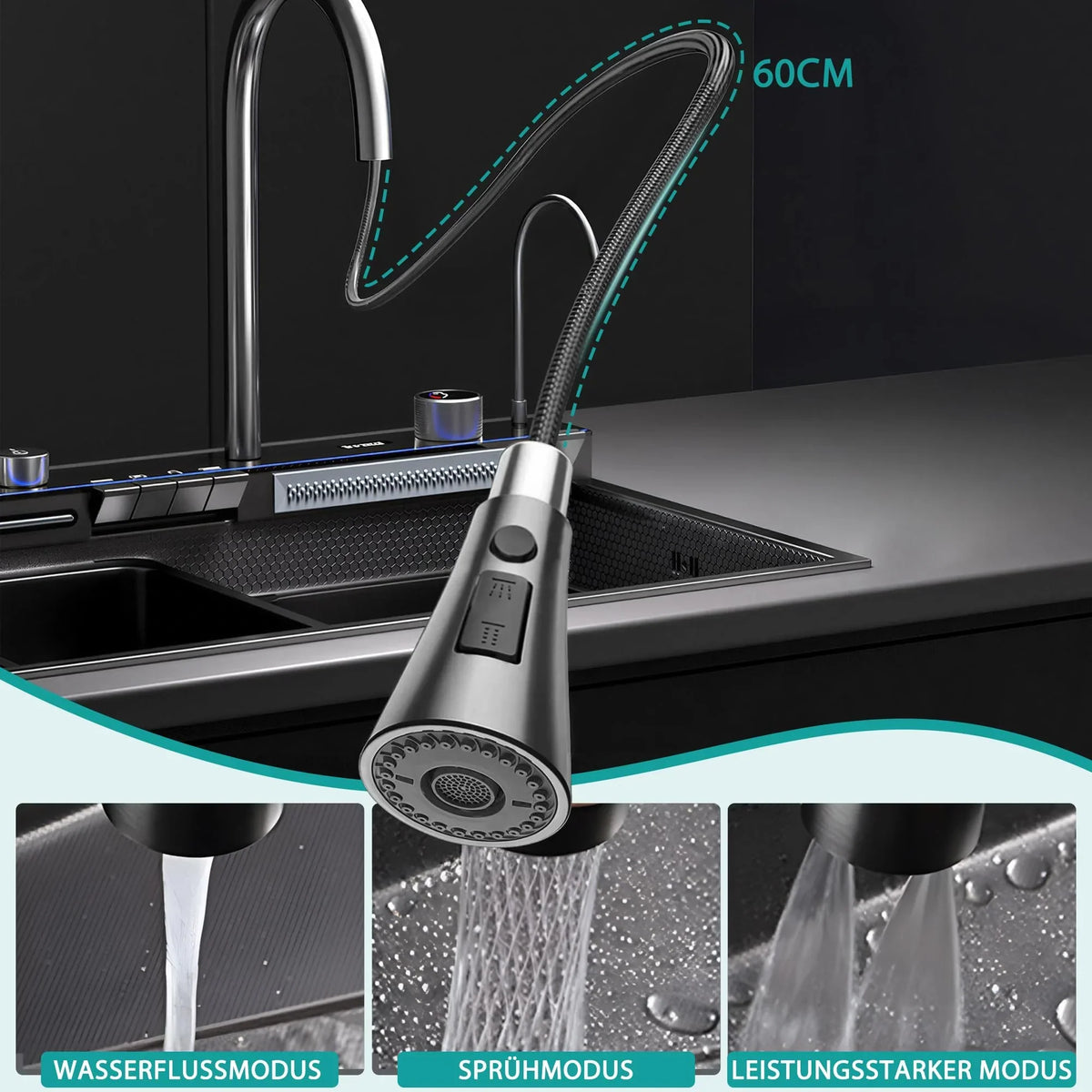 Fregadero de cocina de acero inoxidable 80 x 45 x 22 cm, cubeta individual con indicador de temperatura LED, grifo tipo cascada extraíble y kit de desagüe