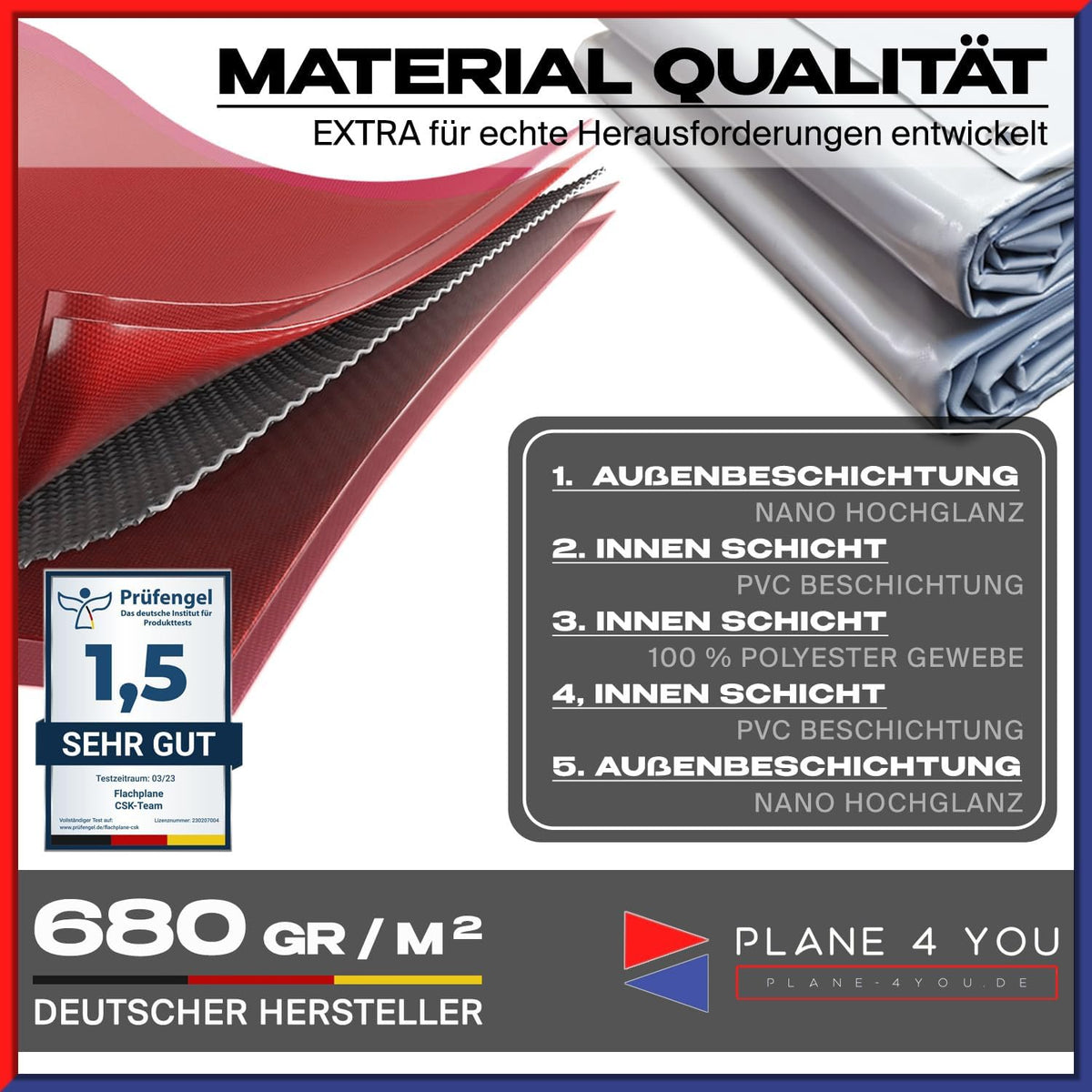 Eduard Lona para remolque de calidad superior - 506 x 220 cm - Dimensiones interiores - Lona azul lacada brillante - Lona plana para remolque de coche - Lona de PVC impermeable con accesorios