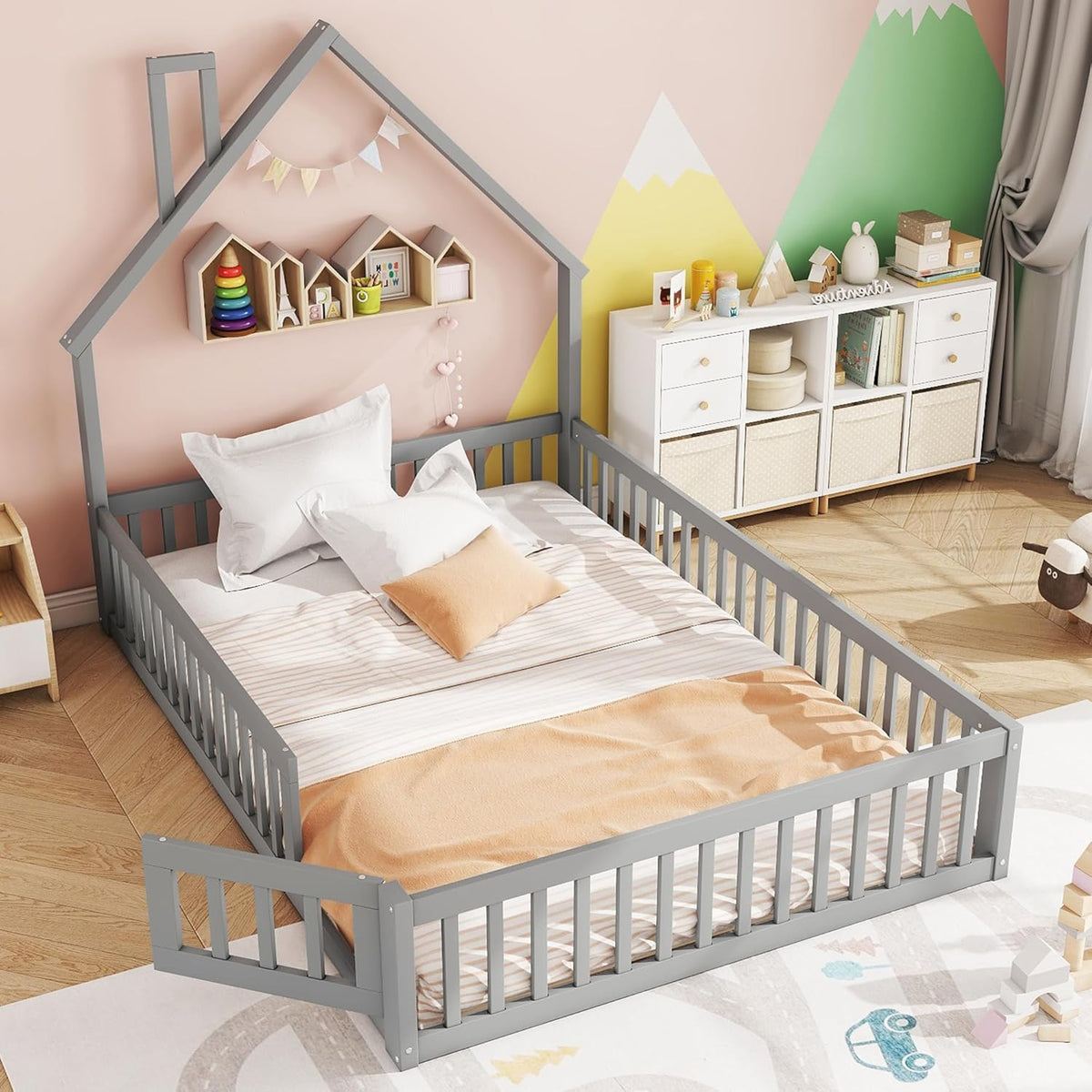 Cama infantil al suelo Merax 140x200 cm, cama casita con protección anticaídas y somier, forma de chimenea, valla abatible - Cama Montessori, cama juvenil, estructura de cama de madera (sin colchón), gris