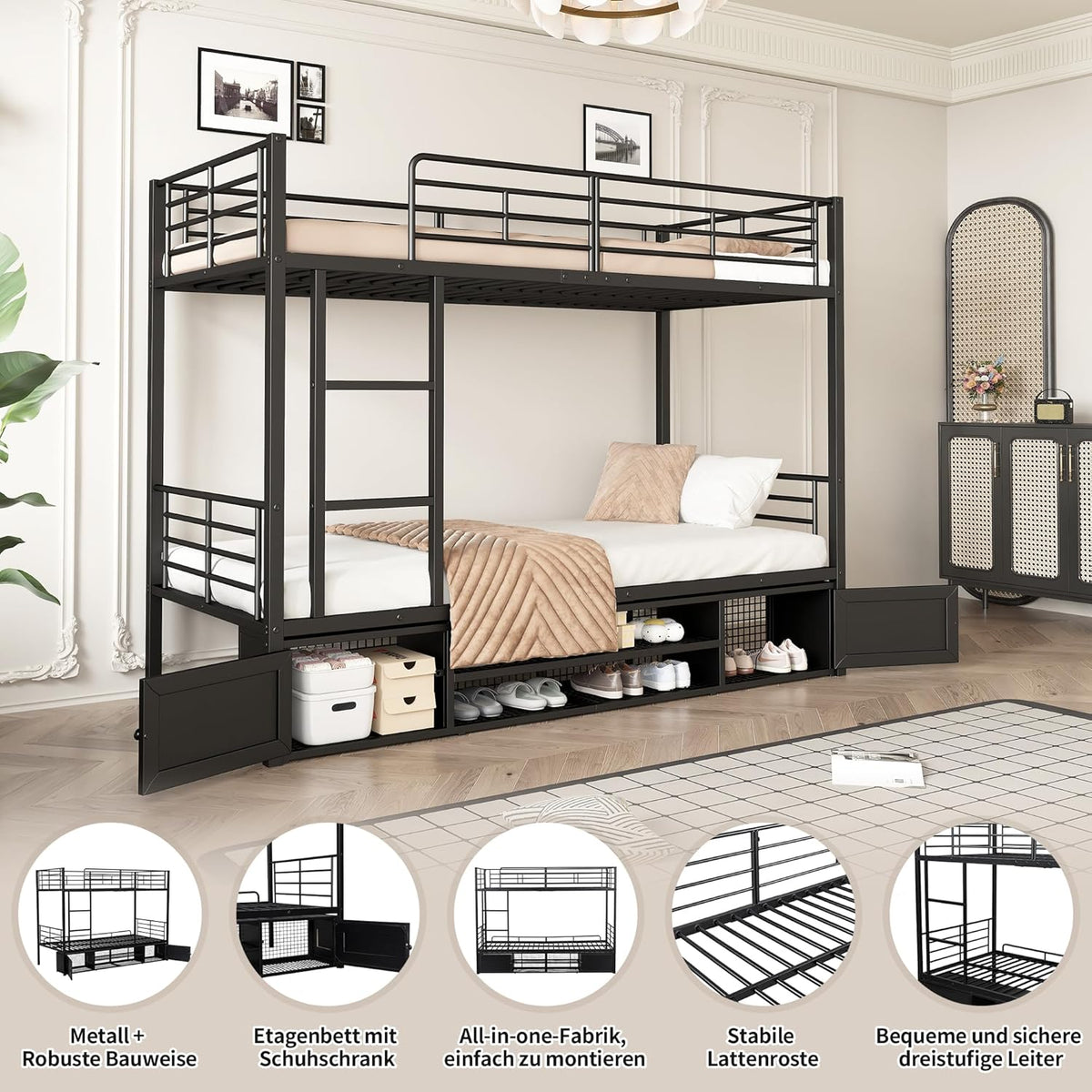 Litera cama infantil 90x200 cm, estructura de cama de metal con zapatero abierto y 2 armarios de almacenamiento con puertas, litera cama alta cama de hierro para niños, adolescentes y adultos, negro