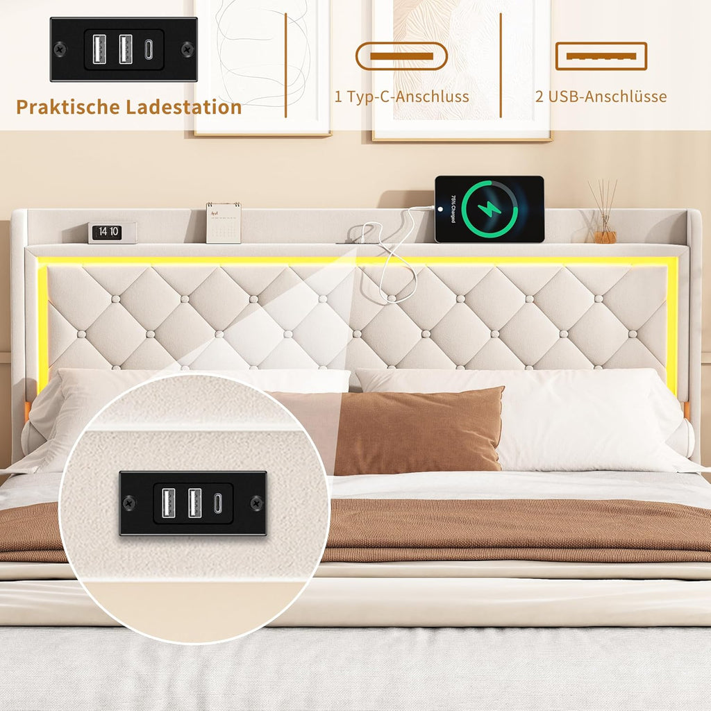 Cama tapizada de 90x200 cm con iluminación LED, USB y canapé hidráulico – Cama individual juvenil con almacenamiento, somier y cabecero, terciopelo beige, sin colchón (Beige-3, 90x200 cm)