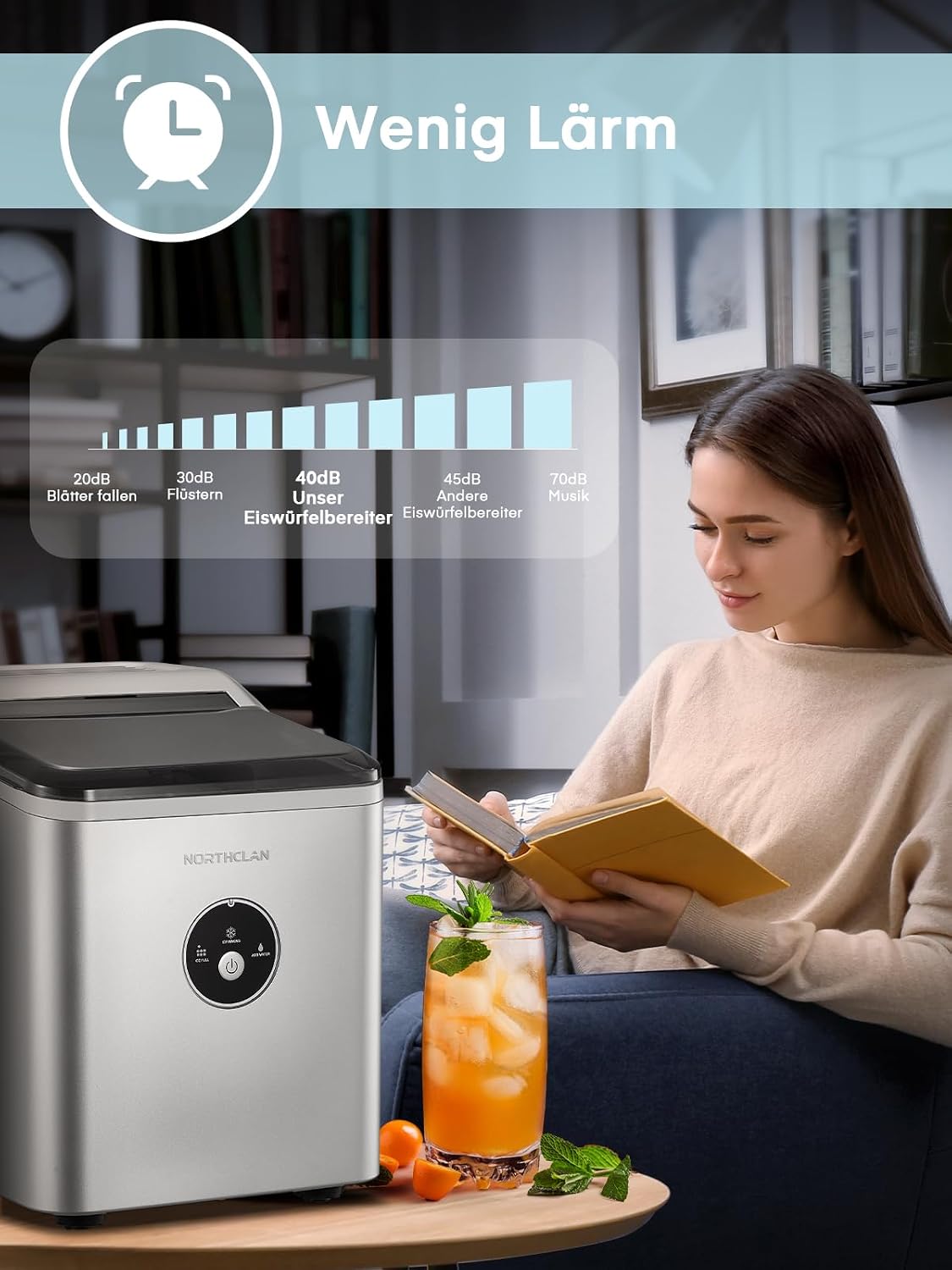 Máquina de hielo ganadora del test 2025, 14 kg en 24 horas, 9 cubitos de hielo en 6-8 minutos, funcionamiento silencioso, fabricador de hielo de 120W con pala y cesta, máquina de hielo pequeña para el hogar, oficina