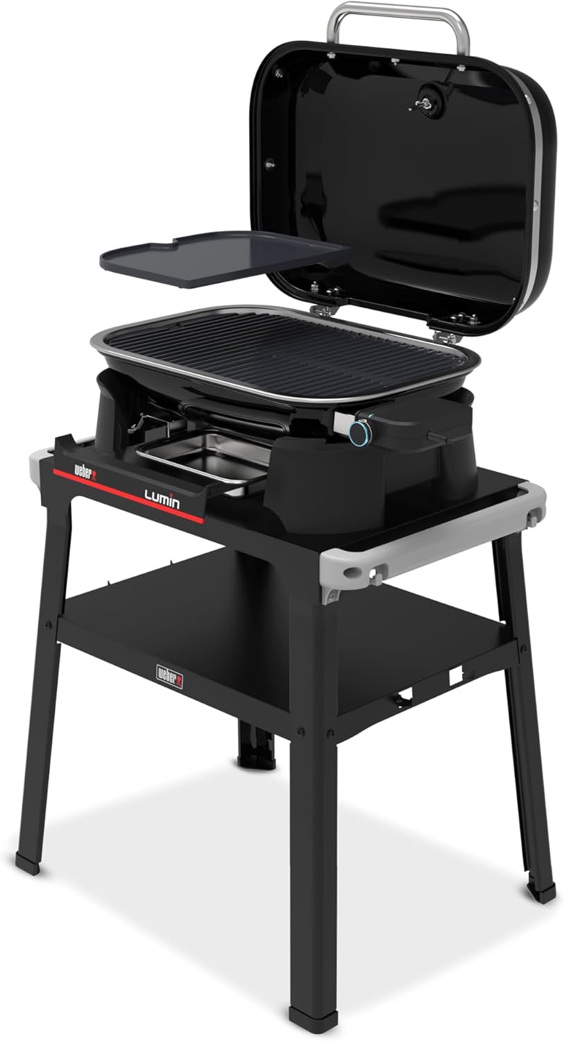 Barbacoa eléctrica Weber Lumin con soporte/Hasta 315 °C, con termómetro en la tapa, rejillas de hierro fundido vitrificado, superficie de cocción de 33 x 49 cm, negro (92010879)
