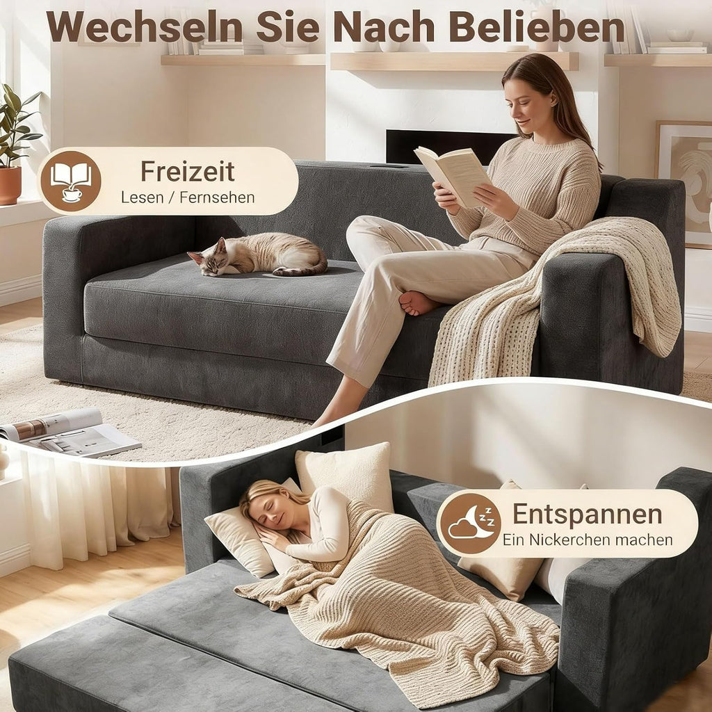 Sofá cama con función de descanso: sofá de 2 plazas sin estructura, de espuma, sofá de suelo con reposabrazos, sofá cama para invitados, pernoctaciones, sala de estar, dormitorio, apartamento y balcón