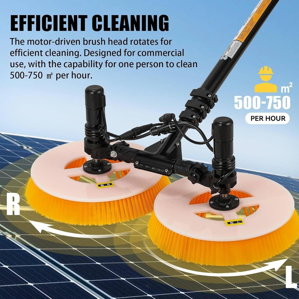 Cepillo de limpieza solar profesional para exteriores, cabezal de doble rotación, 65 cm/25.59 pulgadas de ancho de trabajo, pértiga telescópica, resistente al agua y ahorro de energía, para instalaciones fotovoltaicas (red eléctrica, 7.5 m)