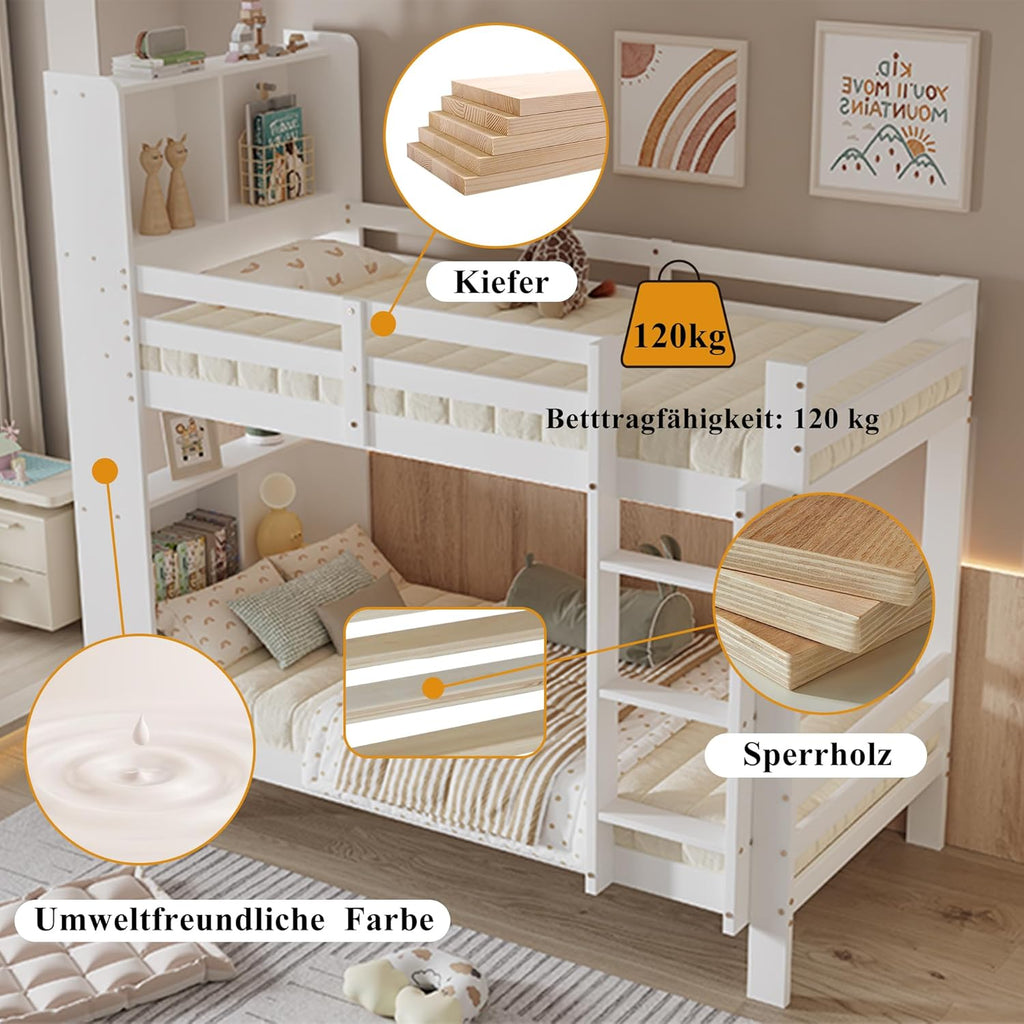 Cama infantil de 90x200 con estantes y escalera, cama funcional litera para 2 niños, litera cama alta juvenil con almacenamiento y somier, cama juvenil con marco de madera maciza, sin colchón, blanca