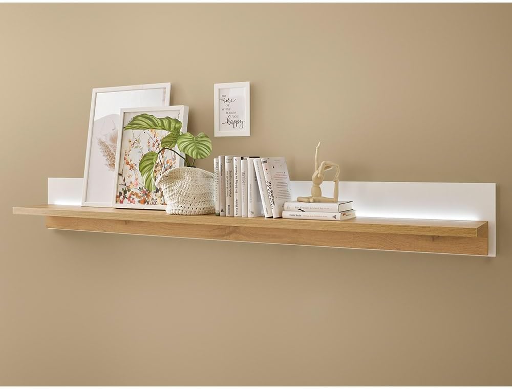 Set de mueble de salón Lomadox de 4 piezas, muebles de sala en blanco y roble, estilo moderno, incluye 1 vitrina, 1 armario alto, 1 mueble bajo, 1 estante de pared e iluminación LED.