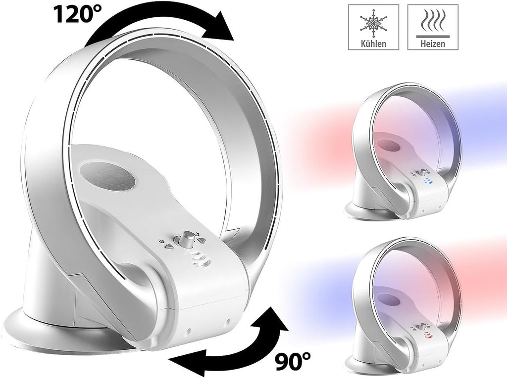 Ventilador sin aspas Sichler Haushaltsgeräte: Ventilador de mesa de 360° sin aspas y calefactor, oscilación, hasta 1100 W (ventilador con función de calefacción, sin hojas, mini)