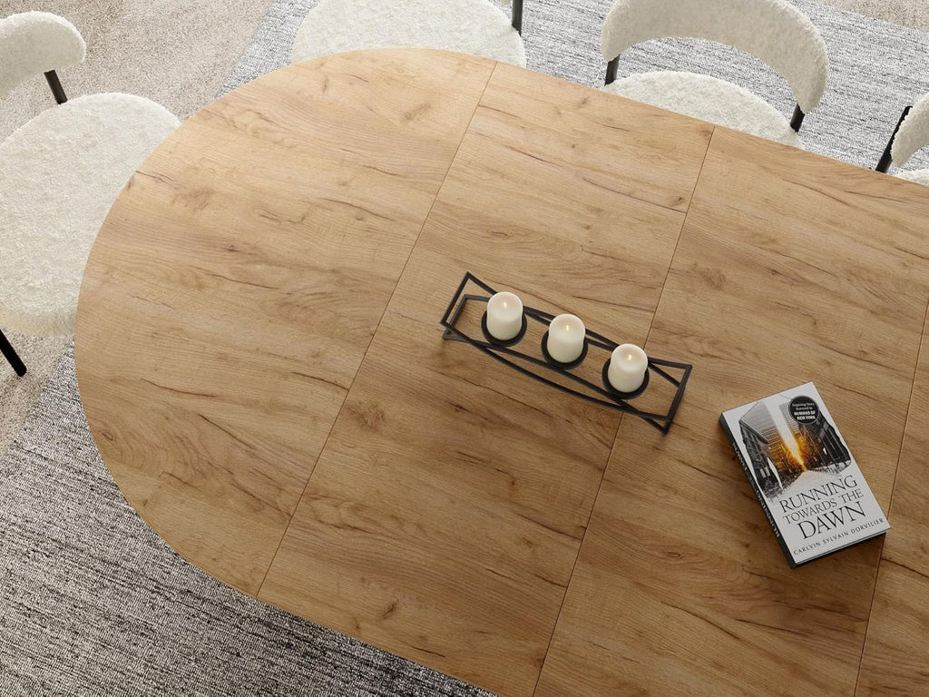 Mesa de comedor redonda extensible WFL GROUP con diseño de listones estilo loft – 100 a 180 cm – Mesa industrial con patas de metal negro, ahorradora de espacio para salón o comedor – Marrón
