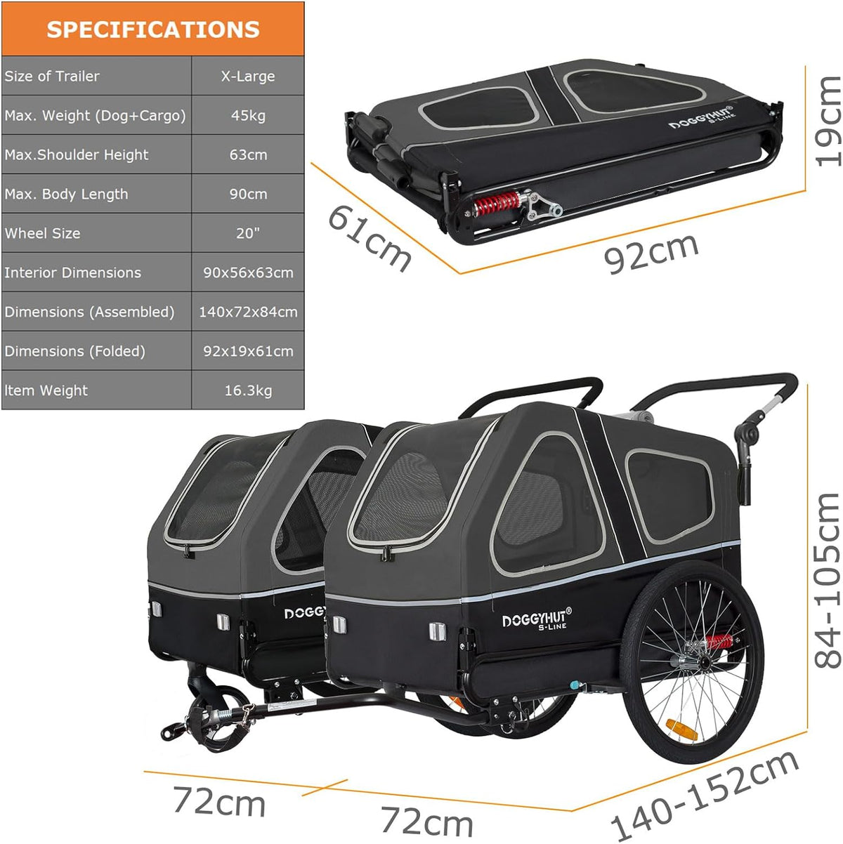 Doggyhut S-Line XL Remolque y cochecito para perros con suspensión 2 en 1, remolque de bicicleta para perros y jogger con suspensión hasta 45 kg