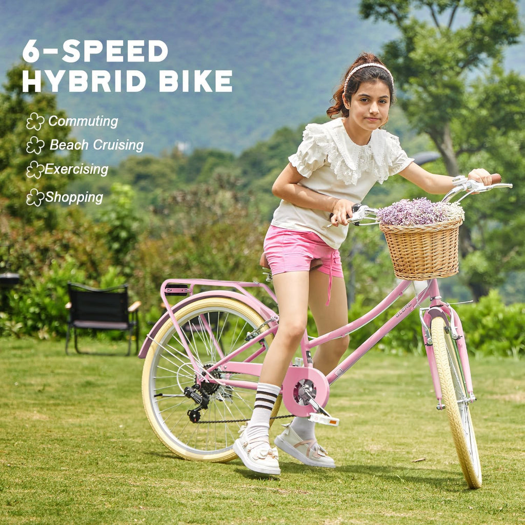 Glerc Missy 20, 24, 26 pulgadas bicicleta híbrida urbana tipo crucero para niñas, de 6 velocidades, con cesta de mimbre, para jóvenes mayores de 6 años, varios colores