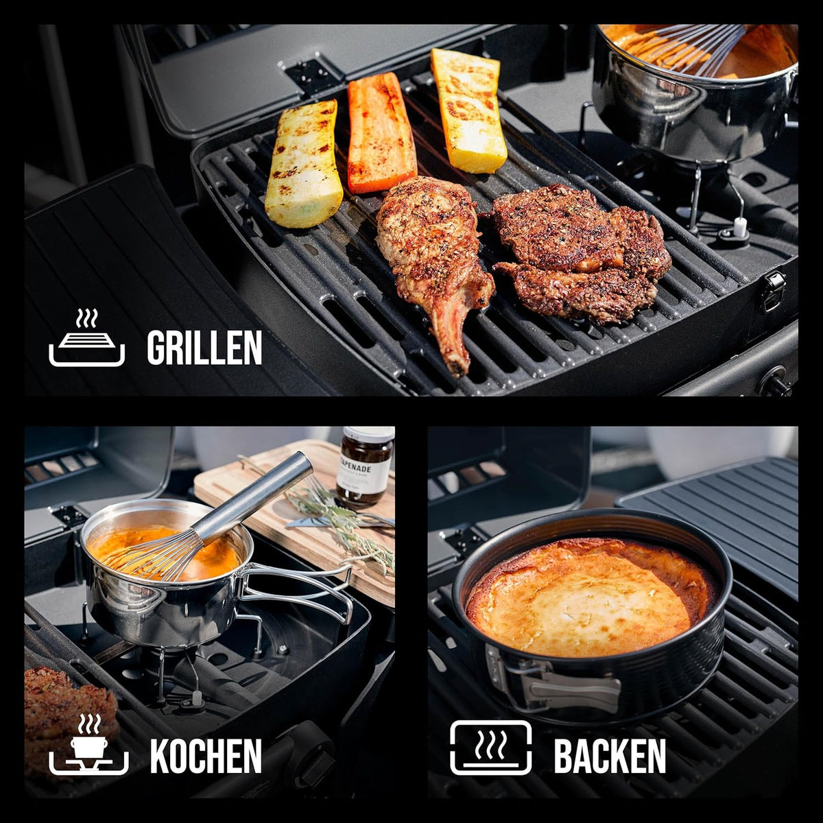 EndersGasgrill Urban II Pro, parrilla de mesa, función de asado, cocción y horneado, 2 quemadores de acero inoxidable, con termómetro para parrilla, parrilla para balcón y camping, carcasa de aluminio fundido, rejilla de hierro fundido, #2062