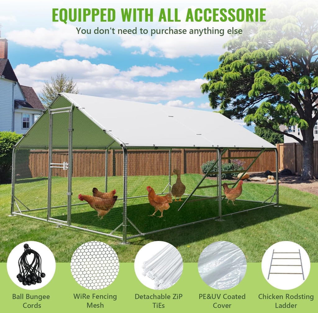 Gallinero de metal con recinto exterior y techo CC3X4X2, 3x4x2 m, resistente a la intemperie, para 10 a 20 gallinas, incluye escalera de descanso y accesorios