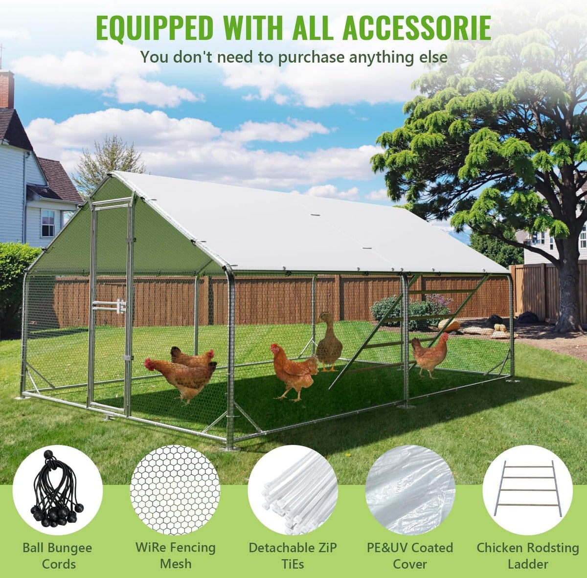 Gallinero de metal con recinto exterior y techo CC3X4X2, 3x4x2 m, resistente a la intemperie, para 10 a 20 gallinas, incluye escalera de descanso y accesorios