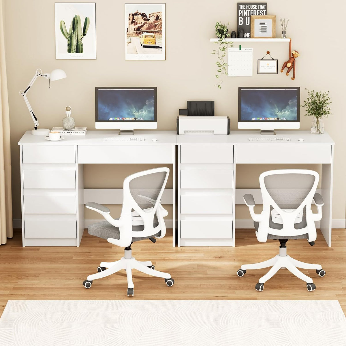 Escritorio VOWNER con 5 cajones, escritorio para computadora con almacenamiento, mesa de PC para habitación juvenil o dormitorio | Mesa de trabajo, 110x50x75 cm (blanco)
