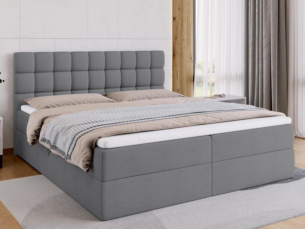 Cama boxspring BROMARKT con arcón, cama tapizada con colchón Bonell y topper, cama para dormitorio con cabecero acolchado Dakota, muelles Bonell, 180x200, grado de firmeza H3, gris Malmo