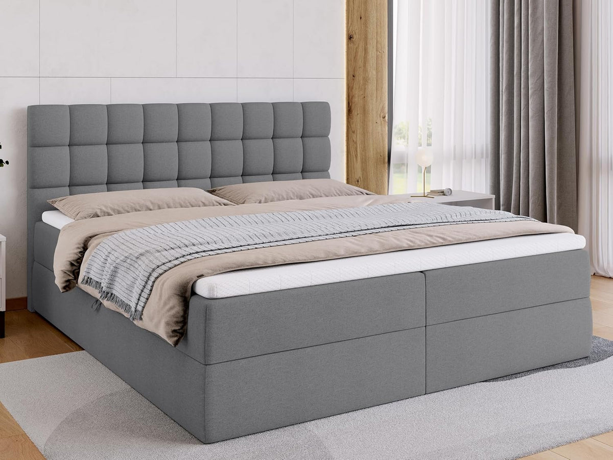 Cama boxspring BROMARKT con arcón, cama tapizada con colchón Bonell y topper, cama para dormitorio con cabecero acolchado Dakota, muelles Bonell, 180x200, grado de firmeza H3, gris Malmo