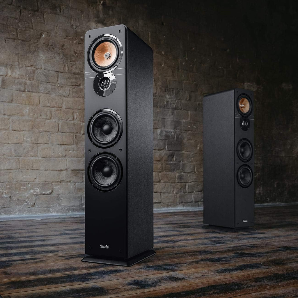 Altavoces estéreo Teufel Ultima 40: par de altavoces de columna HiFi de gama alta, tweeter con corrector de fase, sistema de 3 vías, bass-reflex de doble tubo, música, sonido de cine, juegos - negro