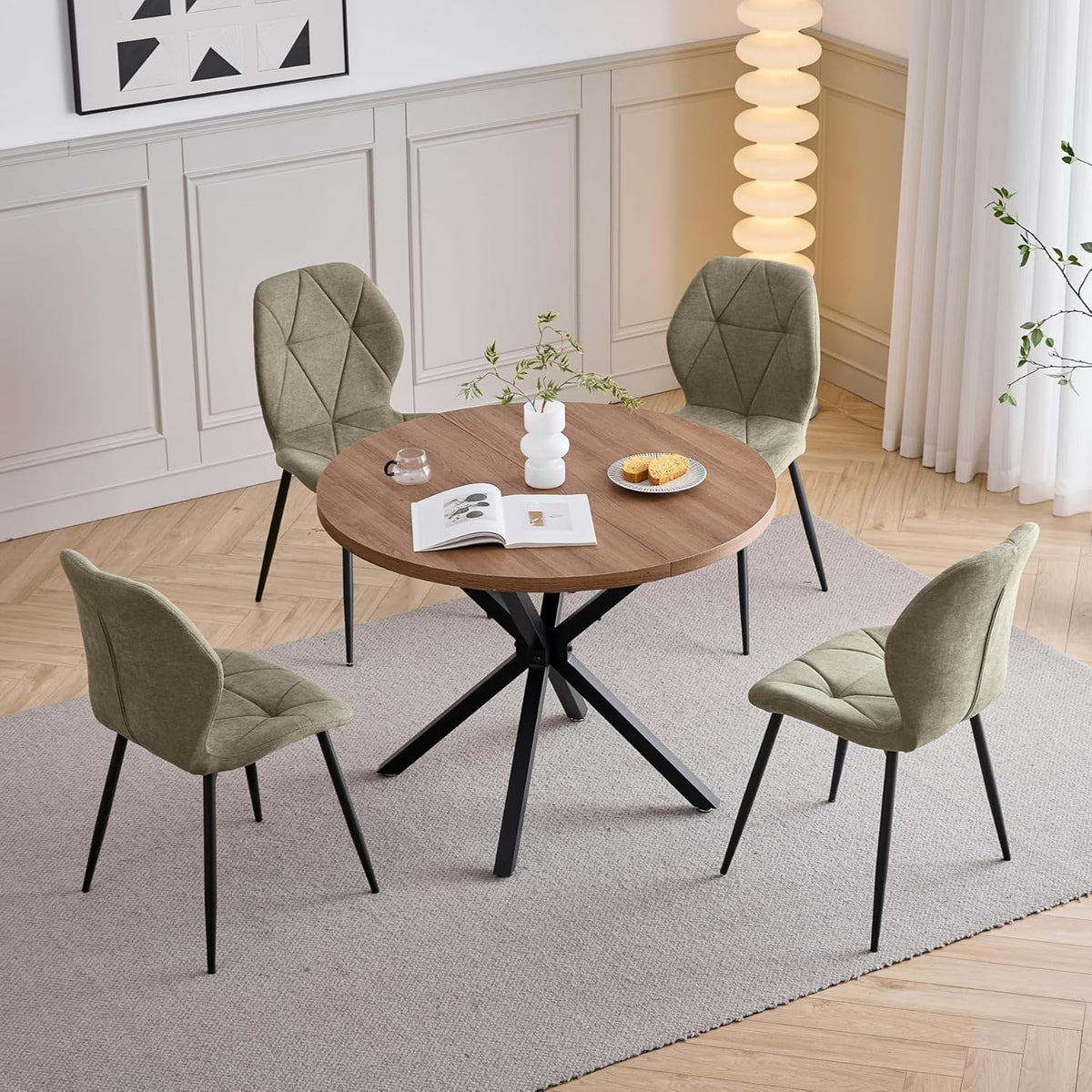 Juego de mesa de comedor y sillas, mesa de comedor redonda de 100 cm y 4 sillas modernas de lino, para comedor, cocina, sala de estar (oscuro + verde)