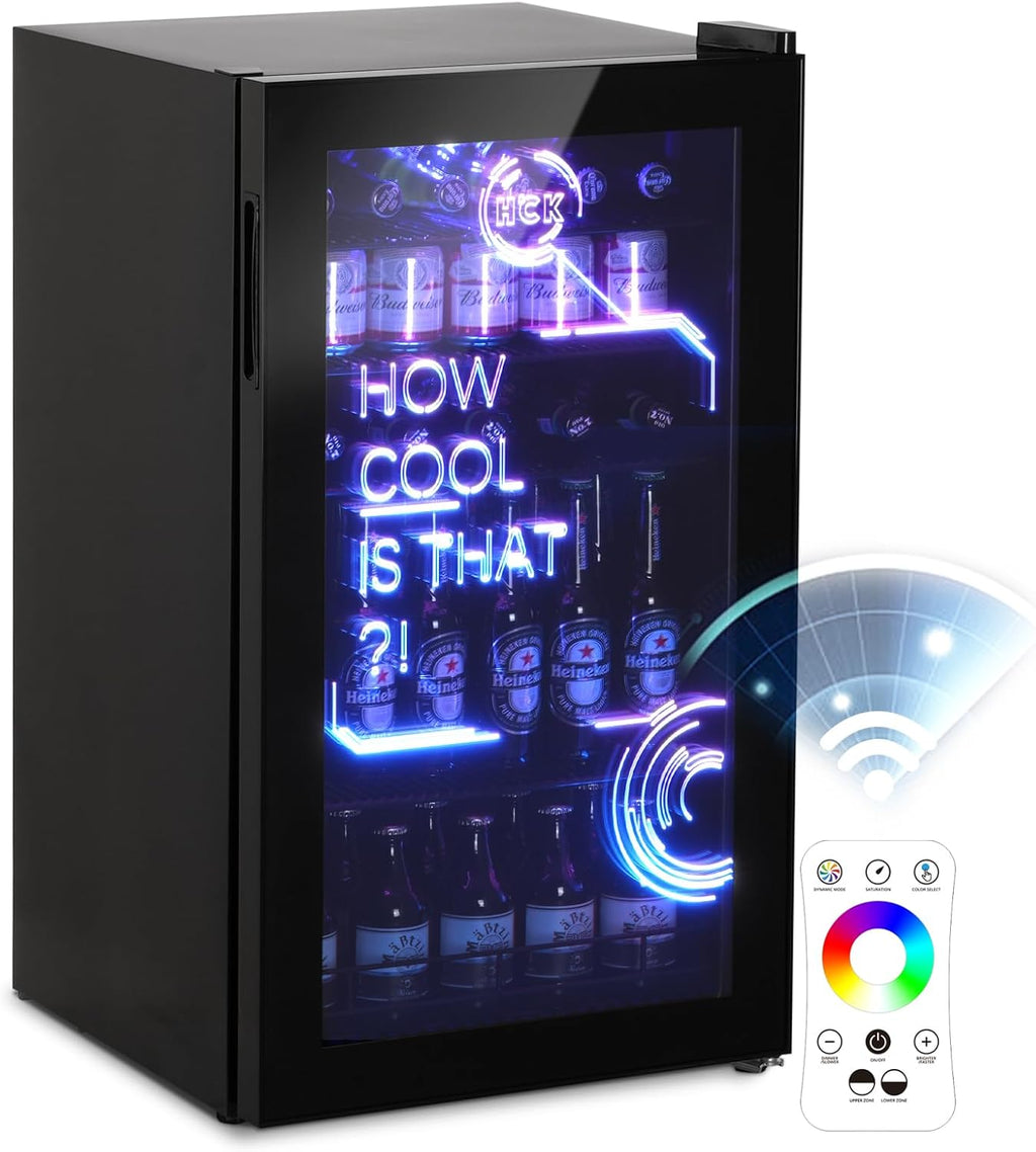 HCK Refrigerador para bebidas, mini nevera con iluminación moderna cyberpunk, 98 L, mini refrigerador silencioso de 0-10 °C, minibar para interiores, para sala de juegos, fiestas, negro.