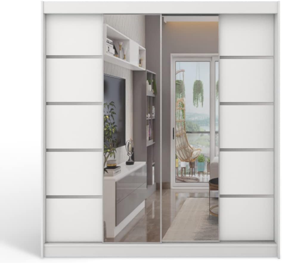 Armario con puertas correderas ML Furniture C5 150 x 200 x 58 cm con espejo - Mueble de dormitorio, almacenamiento - Armario multiusos - Color: Blanco - 2 puertas correderas