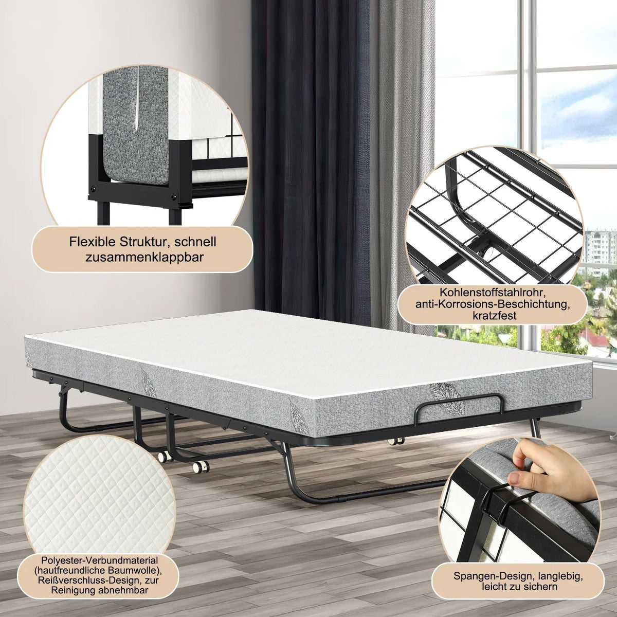 Cama plegable Sonnewelt 90x200 cm con 13 cm de grosor y ruedas