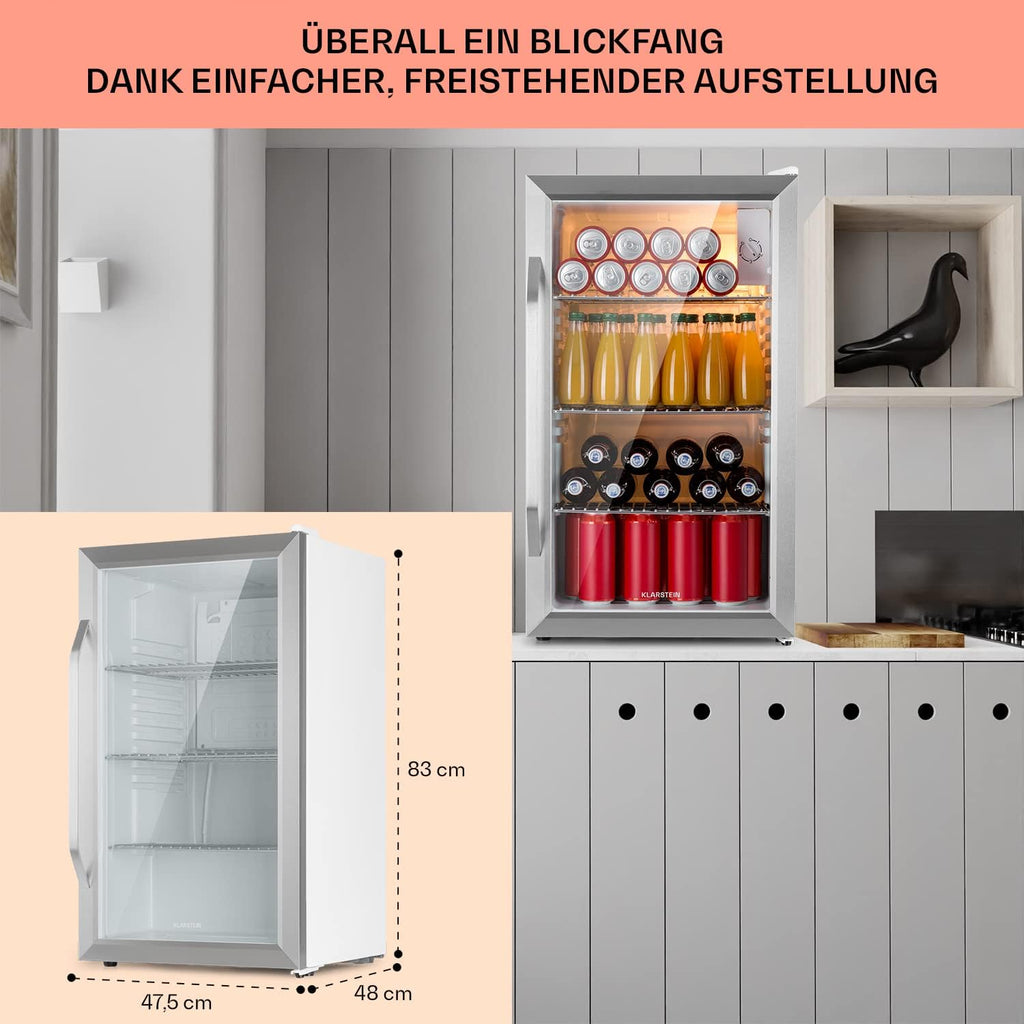 Mininevera Klarstein con puerta de cristal para habitaciones, refrigerador de bebidas con estantes ajustables, pequeño de 80 litros, frigorífico silencioso para interiores/exteriores