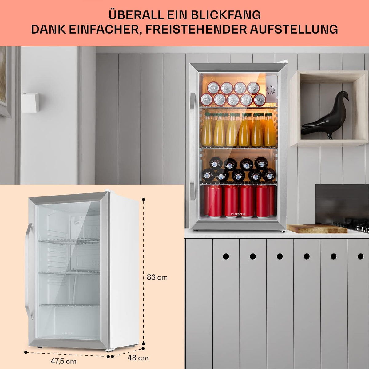 Mininevera Klarstein con puerta de cristal para habitaciones, refrigerador de bebidas con estantes ajustables, pequeño de 80 litros, frigorífico silencioso para interiores/exteriores