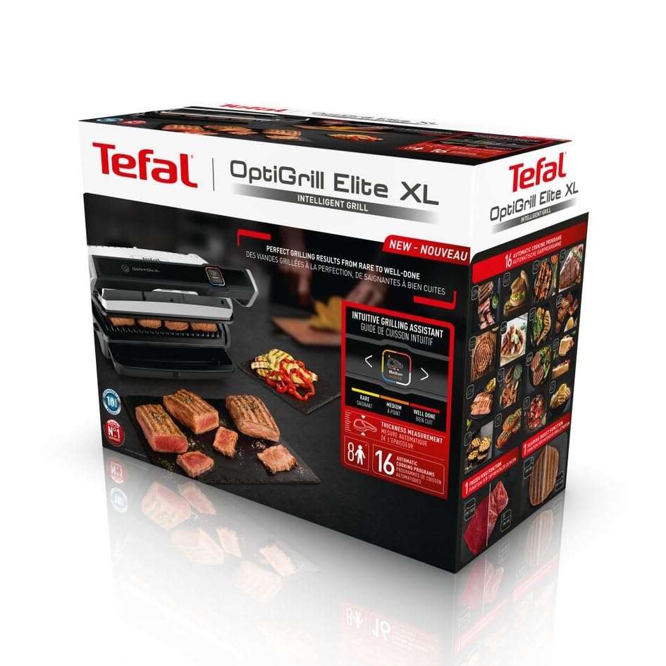 Tefal OptiGrill Elite XL Grill de contacto, 16 programas, pantalla digital, indicador de nivel de cocción, función Grill Boost, acero inoxidable, GC760D12