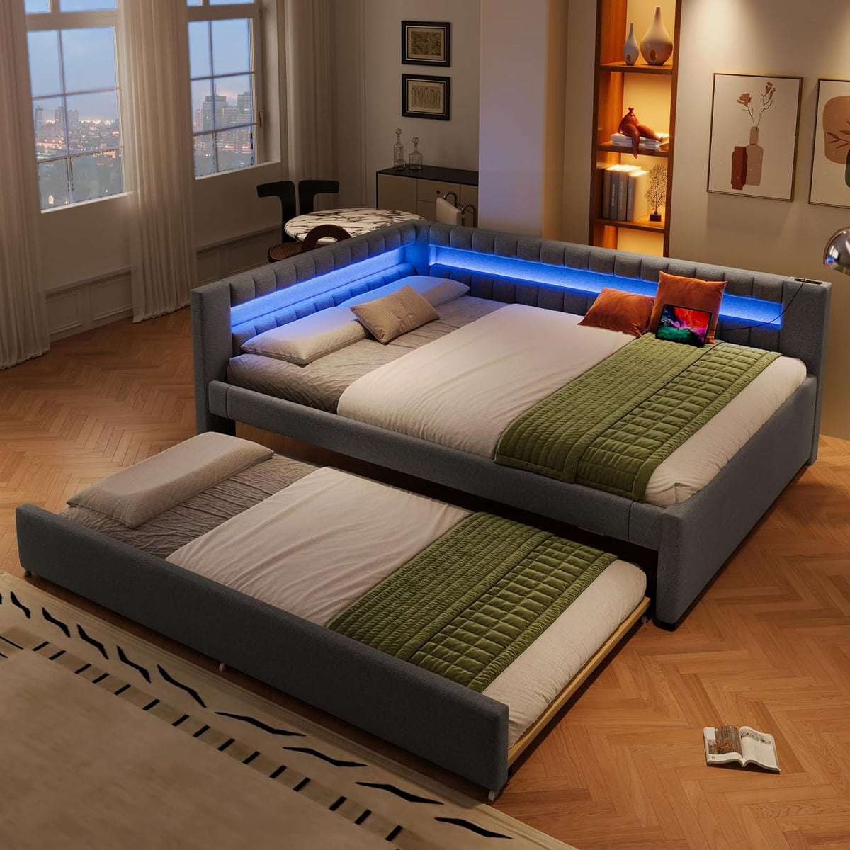 Cama tapizada con sofá cama 140x200 con iluminación LED y función de carga USB tipo C, estructura de cama con cama extraíble y somier, cama doble, diván, cama de día, cama de invitados, cama juvenil, lino, sin colchón, gris