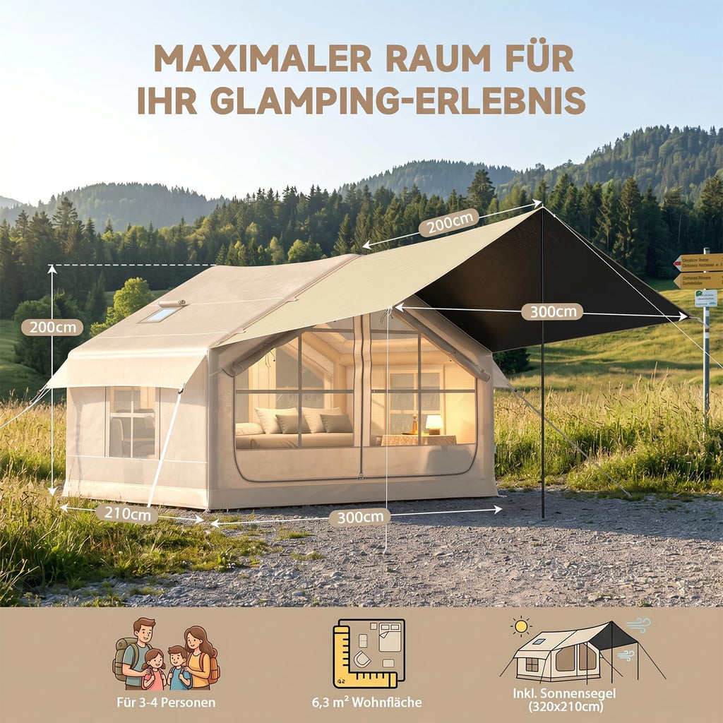 Tienda de campaña hinchable HAUSPROFI para 3-4 personas, 6,3 m² de estilo glamping con avance, apertura para chimenea, 200 cm de altura, 420D impermeable, bomba incluida