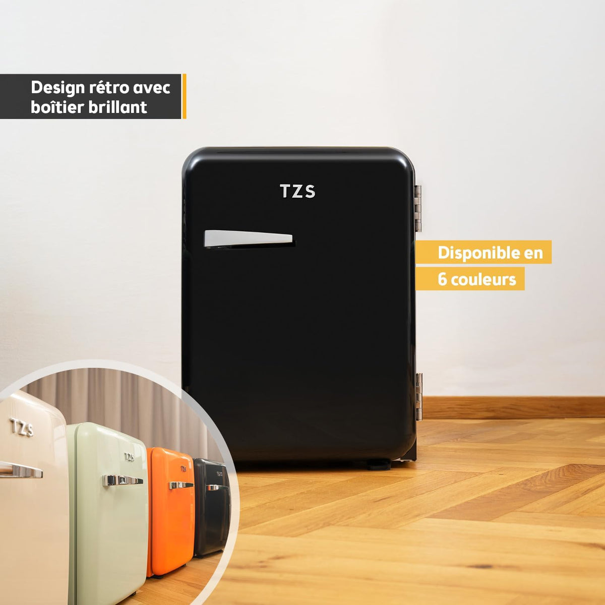 TZS First Austria - Mini nevera retro 40L silenciosa - Pequeño minibar de diseño vintage con luz interior y 2 compartimentos en la puerta - Minibar para camping, oficina, dormitorio y hotel - negro