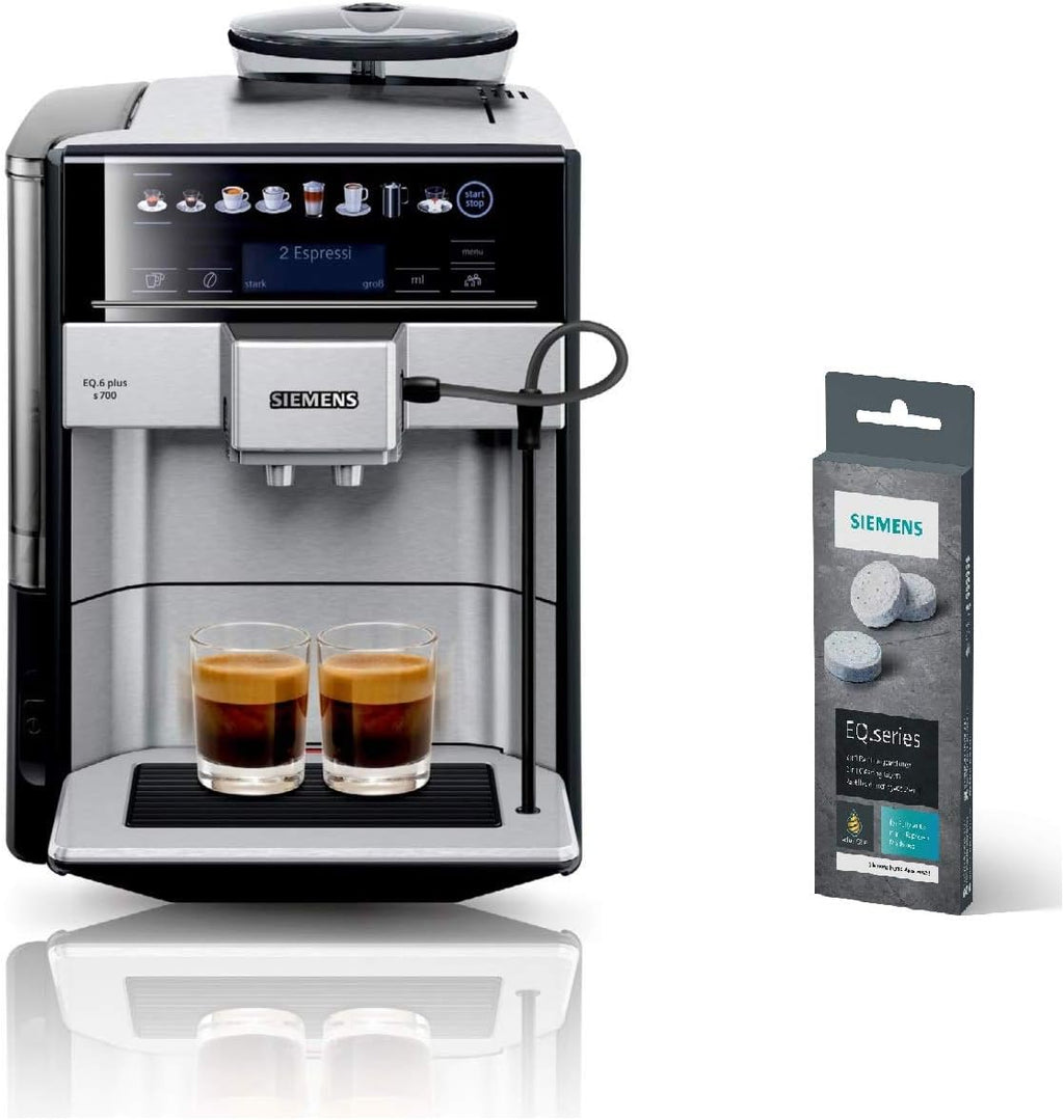 Cafetera superautomática SIEMENS EQ6 plus s700 TE657503DE, para una gran variedad de especialidades de café, boquilla para espuma de leche, molinillo de cerámica, función de doble taza, antical, limpieza automática por vapor, 1500 W, acero inoxidable
