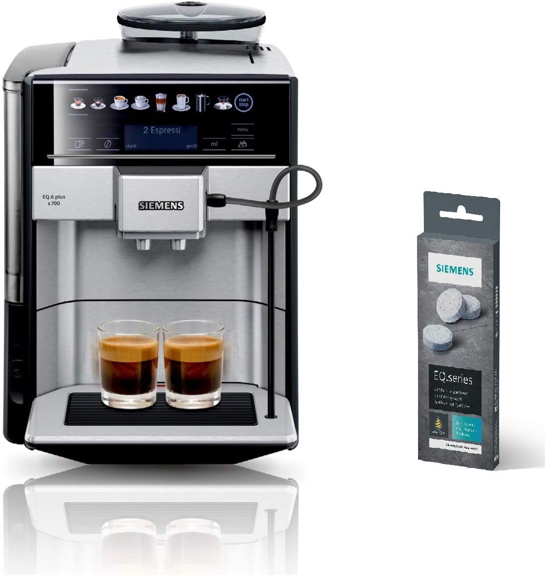 Cafetera superautomática SIEMENS EQ6 plus s700 TE657503DE, para una gran variedad de especialidades de café, boquilla para espuma de leche, molinillo de cerámica, función de doble taza, antical, limpieza automática por vapor, 1500 W, acero inoxidable