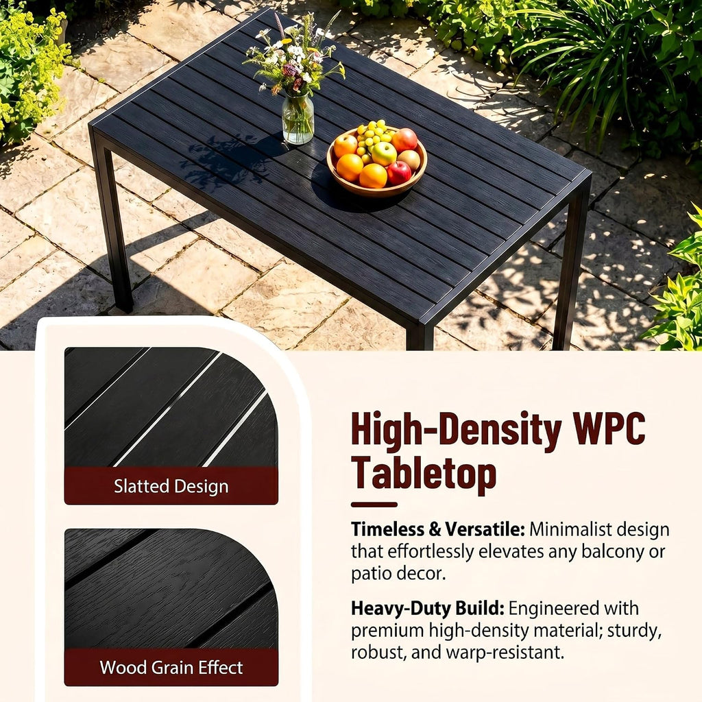 Mesa de jardín LIFERUN 110x70 cm con marco de aluminio - Mesa de balcón rectangular de WPC para 4-6 personas, mesa de terraza resistente a la intemperie y a los rayos UV, mesa de comedor exterior moderna con aspecto de madera, negro