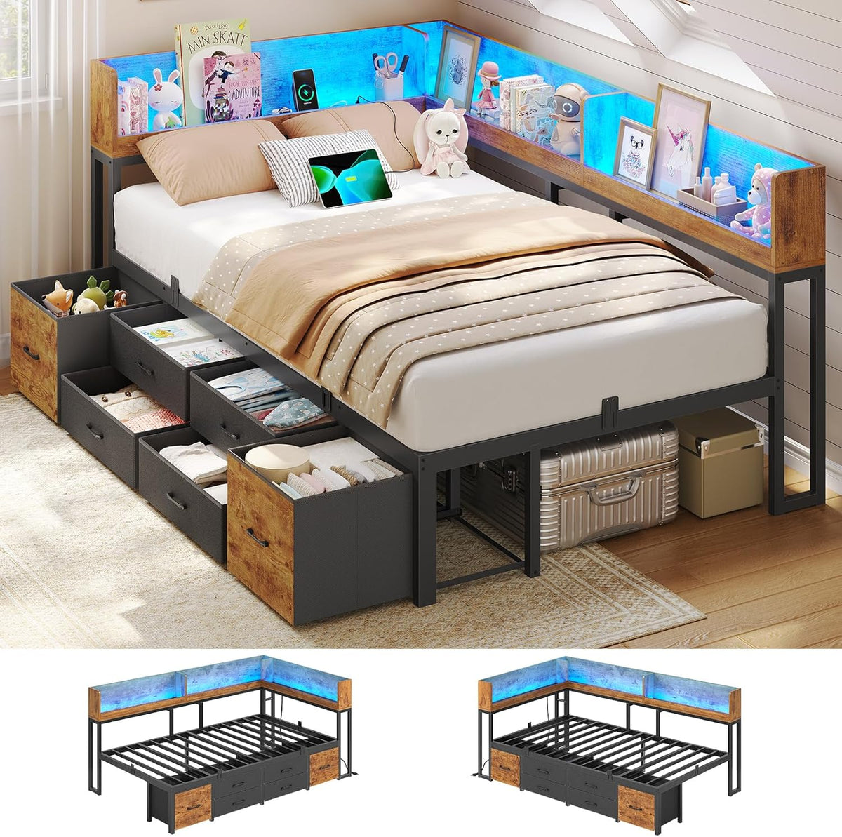 Cama de 90x200 con almacenamiento, sofá cama con estantería integrada y 6 cajones, cama juvenil con iluminación LED y estación de carga, cama de invitados, diván, estructura de cama con somier (Marrón vintage, 90x200 cm)