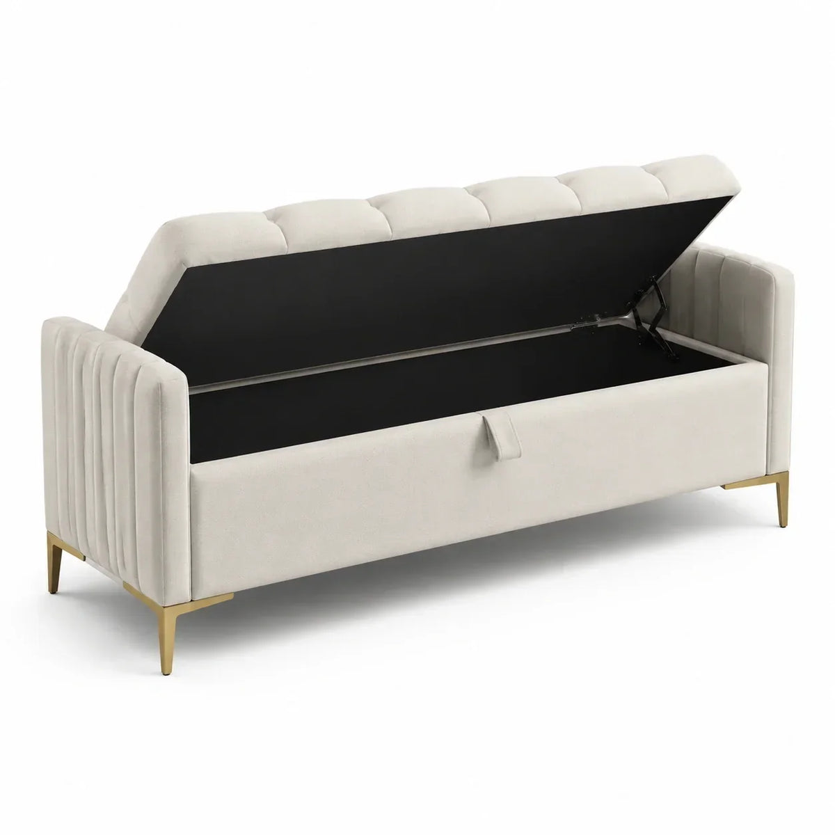 Banco de almacenamiento tapizado en beige con patas de metal de 140 cm