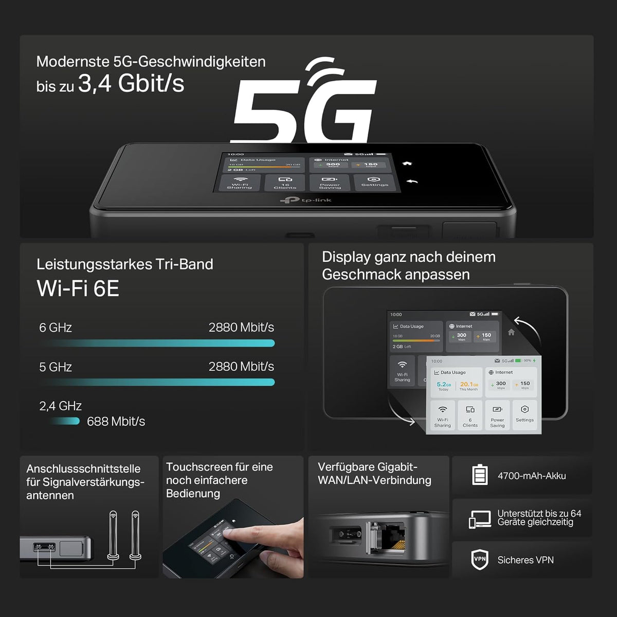 Router Wi-Fi móvil 5G LTE TP-Link M8550 – Hasta 3,4 Gbps, Wi-Fi 6E tribanda, ranura para tarjeta Nano-SIM, WAN/LAN Gigabit, batería de 4680 mAh, pantalla táctil, WireGuard, hasta 32 dispositivos