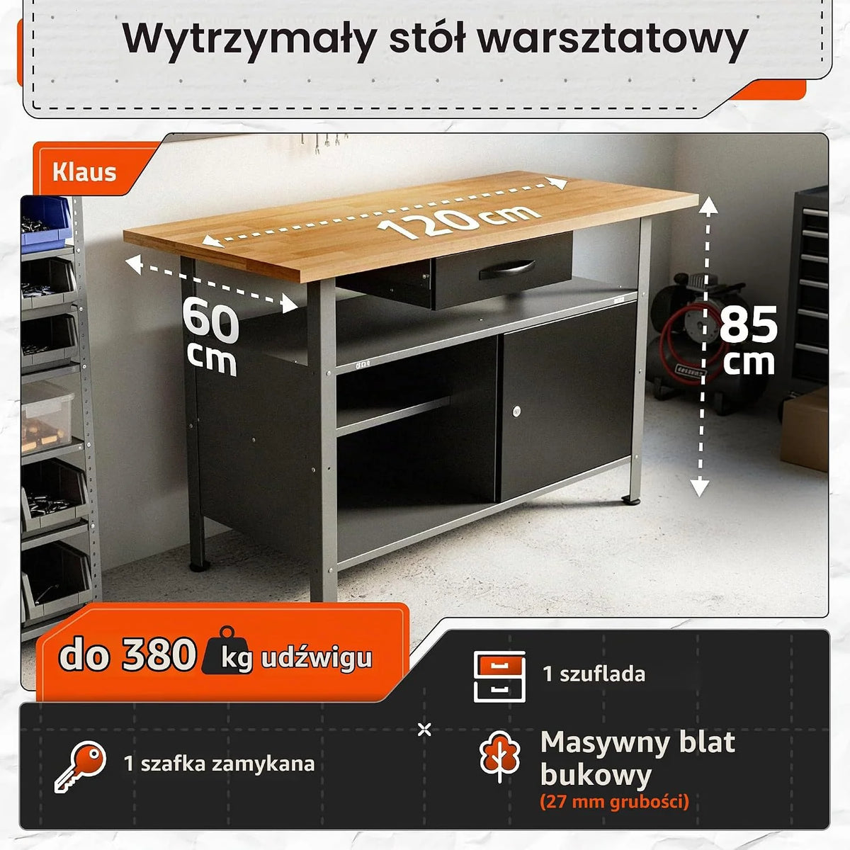Ondis24 Stół warsztatowy Klaus 120 cm, metalowe drzwi zamykane, nogi z regulacją wysokości, wysokość robocza 85 cm, czarny blat bukowy