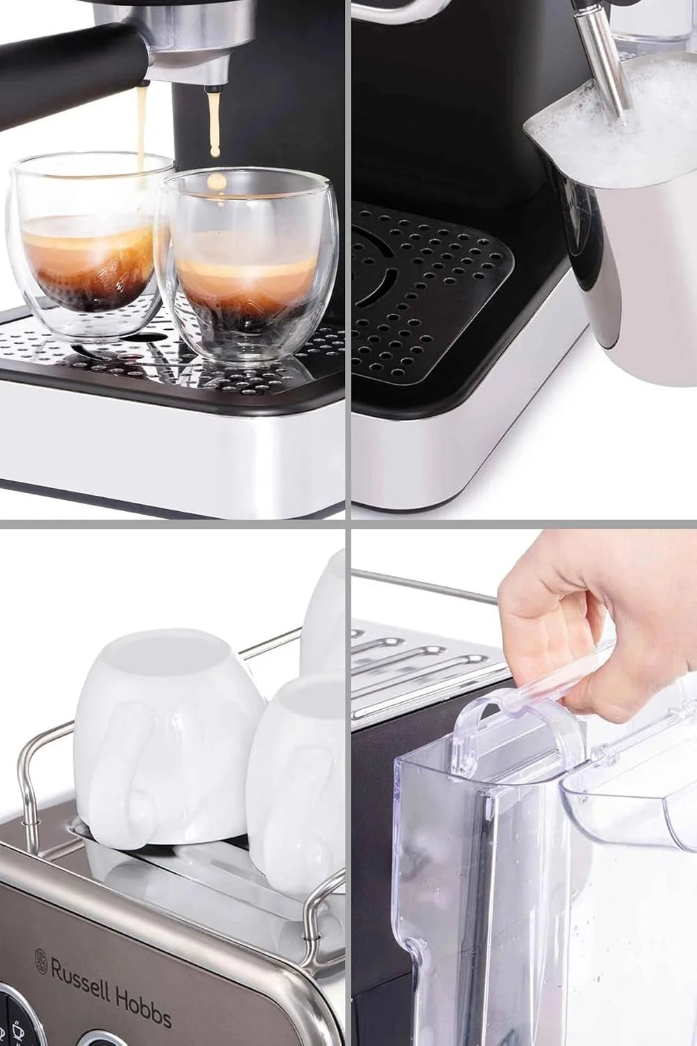 Russell Hobbs ekspres do kawy, ciśnieniowy, 15 bar, dysza do podgrzewania/spieniania mleka, podgrzewacz do filiżanek, wskaźnik LED, szczotkowana stal nierdzewna, titanium, 1350W, Distinctions 26452-56