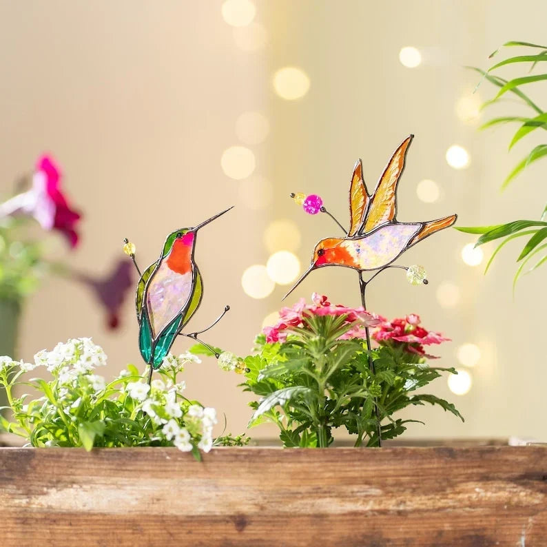 Set de estacas para plantas de colibrí de cristal, decoración floral para interiores, pintado a mano