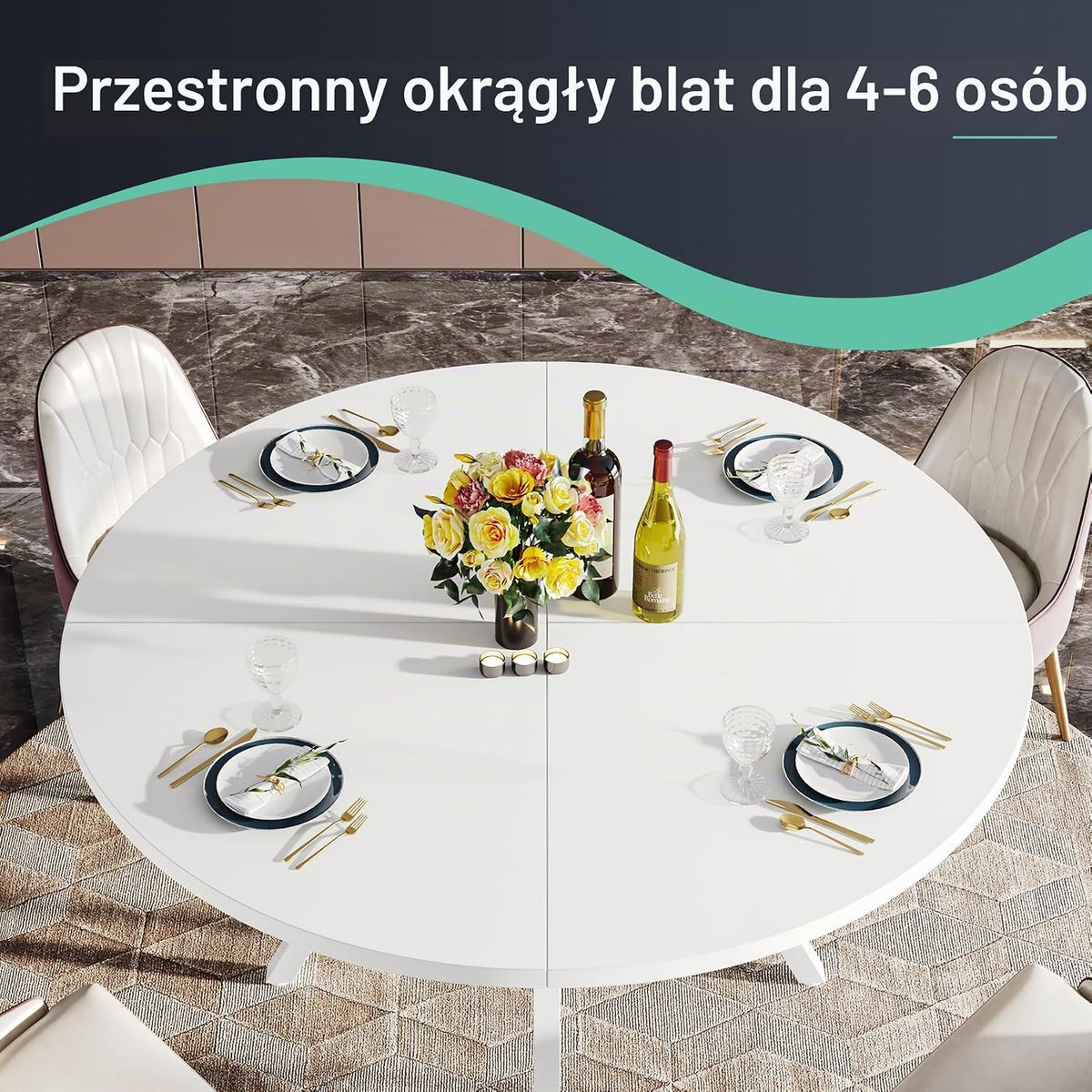 Tribesigns Okrągły stół do jadalni, 120 cm, duże stoły kuchenne dla 6-8 osób, nowoczesny styl z metalowymi nogami, do jadalni, kuchni, kawiarni (tylko stół)