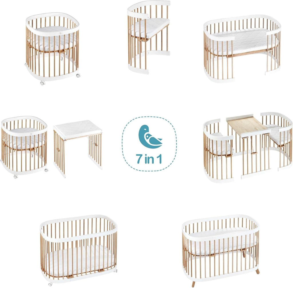 Cuna 7 en 1 tweeto®: cuna de madera evolutiva | cuna de colecho y cuna de barrotes de altura regulable | convertible en cama infantil y parque de juegos (haya natural)