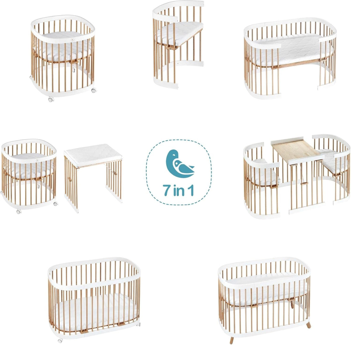 Cuna 7 en 1 tweeto®: cuna de madera evolutiva | cuna de colecho y cuna de barrotes de altura regulable | convertible en cama infantil y parque de juegos (haya natural)