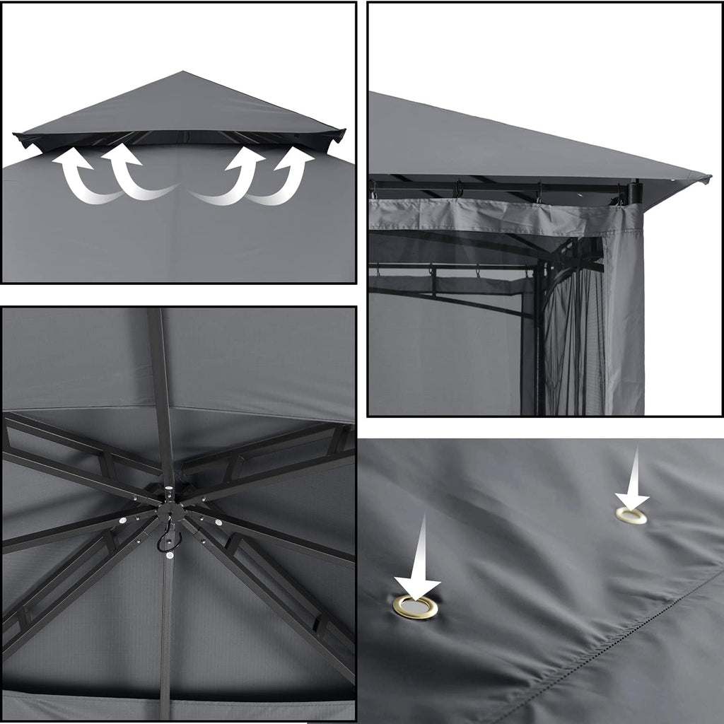 ABCCANOPY Gazebo 2.5x2.5m Impermeable Estable Resistente al invierno, cenador de jardín, techo doble de tela, carpa para fiestas en el patio trasero con malla para sombra y lluvia, Gris