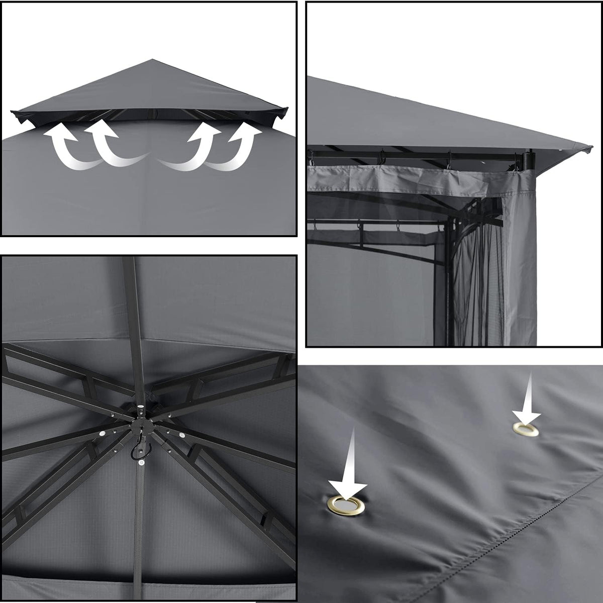 ABCCANOPY Gazebo 2.5x2.5m Impermeable Estable Resistente al invierno, cenador de jardín, techo doble de tela, carpa para fiestas en el patio trasero con malla para sombra y lluvia, Gris