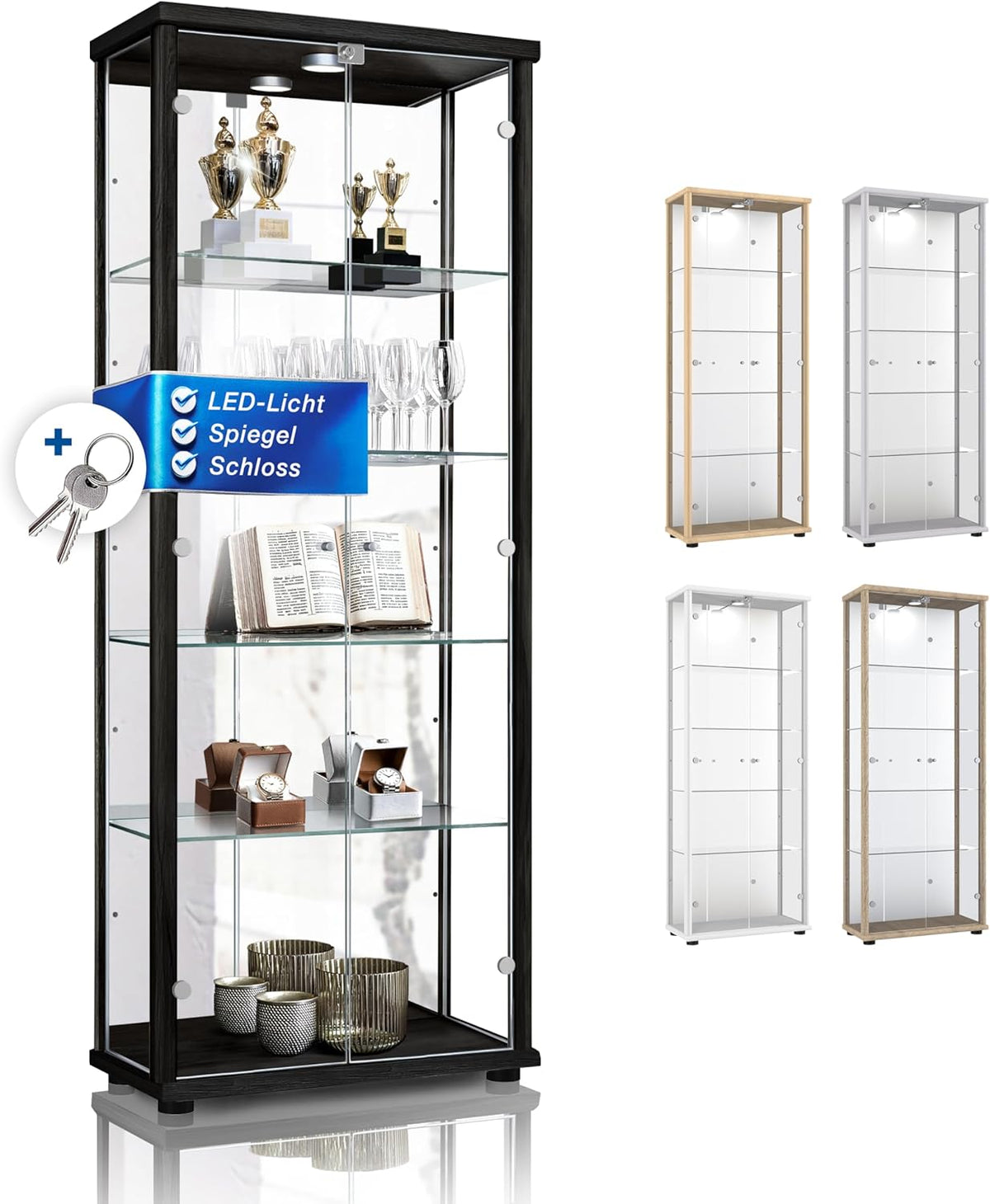 Vitrina de cristal de 2 puertas (176x67x33 cm) - Fabricada en Alemania - Vitrina de pie negra con 4 estantes de cristal ajustables, espejo, cerradura y LED - Vitrina de cristal de pie - Coleccionista
