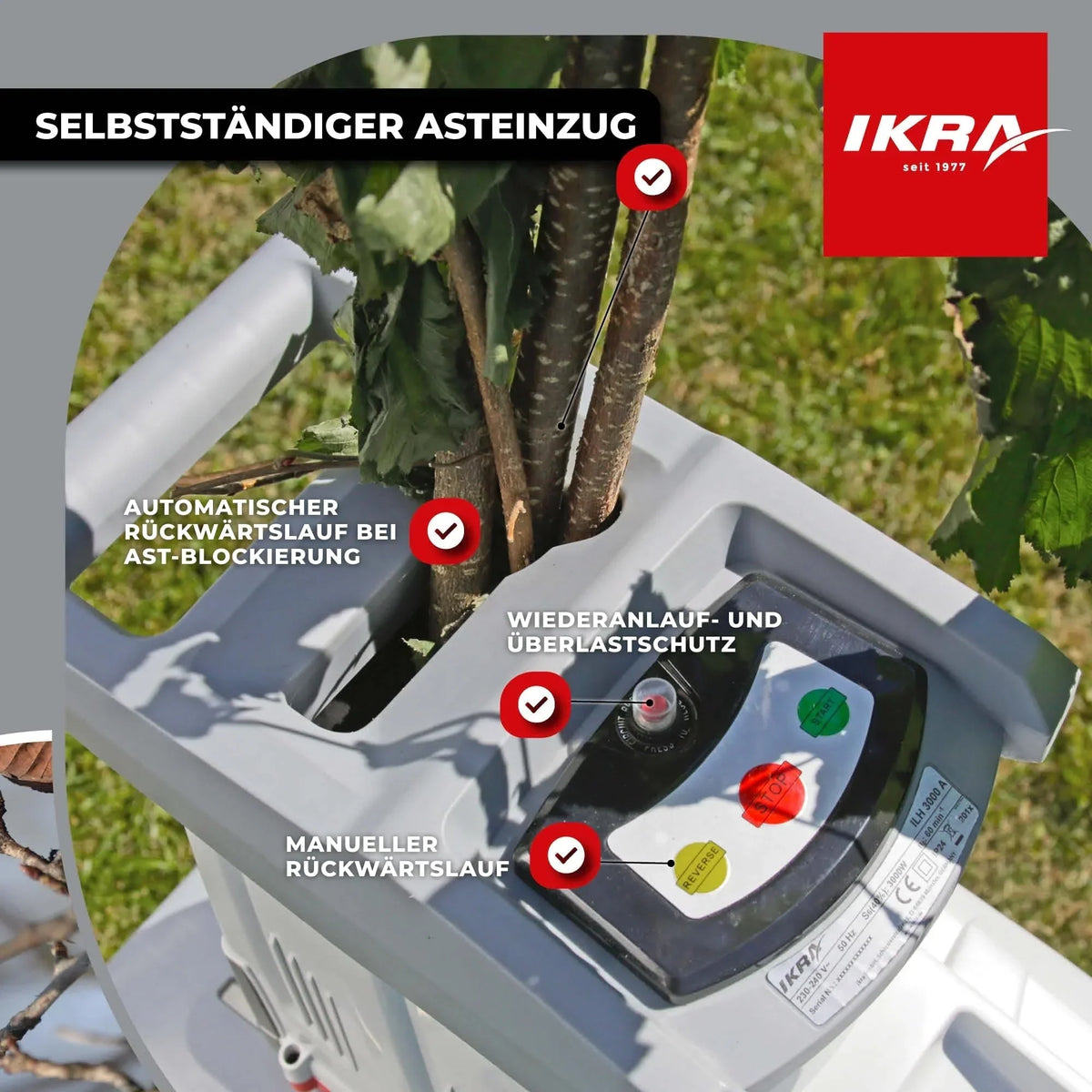 Trituradora de rodillo ILH 3000A, grosor de rama de hasta 44 mm, 3000 W, silenciosa, robusta, de bajo mantenimiento, alimentación automática, marcha atrás