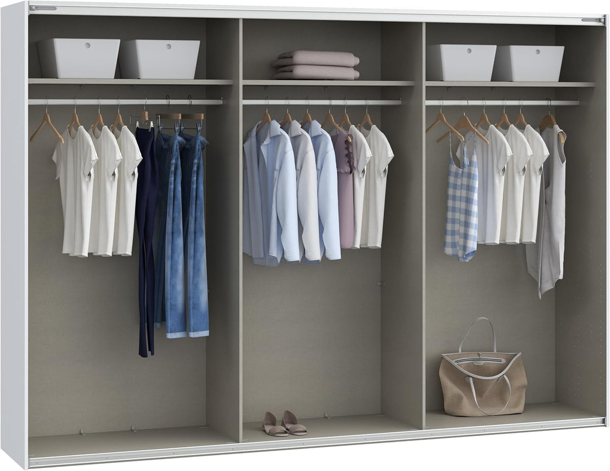 Armario corredero Forte SOPHISTISPACE 300 de 3 puertas con estantes y barra para colgar ropa, blanco, 299,8 cm de ancho, 210,5 cm de alto, 62,9 cm de profundidad