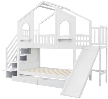 Cuna litera 90x200, cama alta en forma de casa con tobogán, escalera de almacenamiento, 2 cajones, ventanas y tejado, litera cama doble de madera con somier y protección anticaídas, pino, sin colchón, blanco
